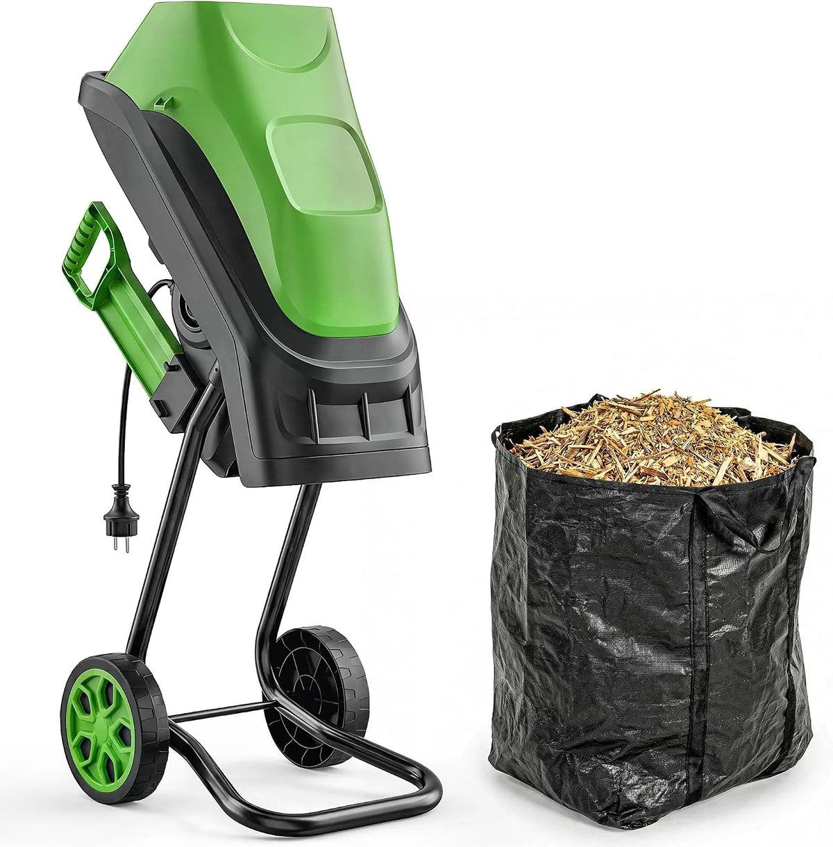 Outsunny Broyeur de Végétaux Électrique 2500 W, capacité 2 Lames en Acier, 4300 tr/min, Poussoir, Vert, Sac de Collecte 45L, Roues