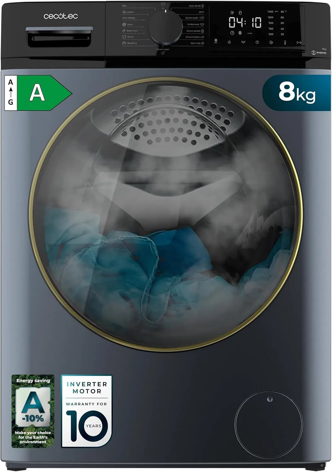 Cecotec lave-linge 8610, 15 Programmes, poids 8 kg Bolero DressCode Inverter Ice Blue A. à à chargement frontal, 1400 RPM, SteamMax