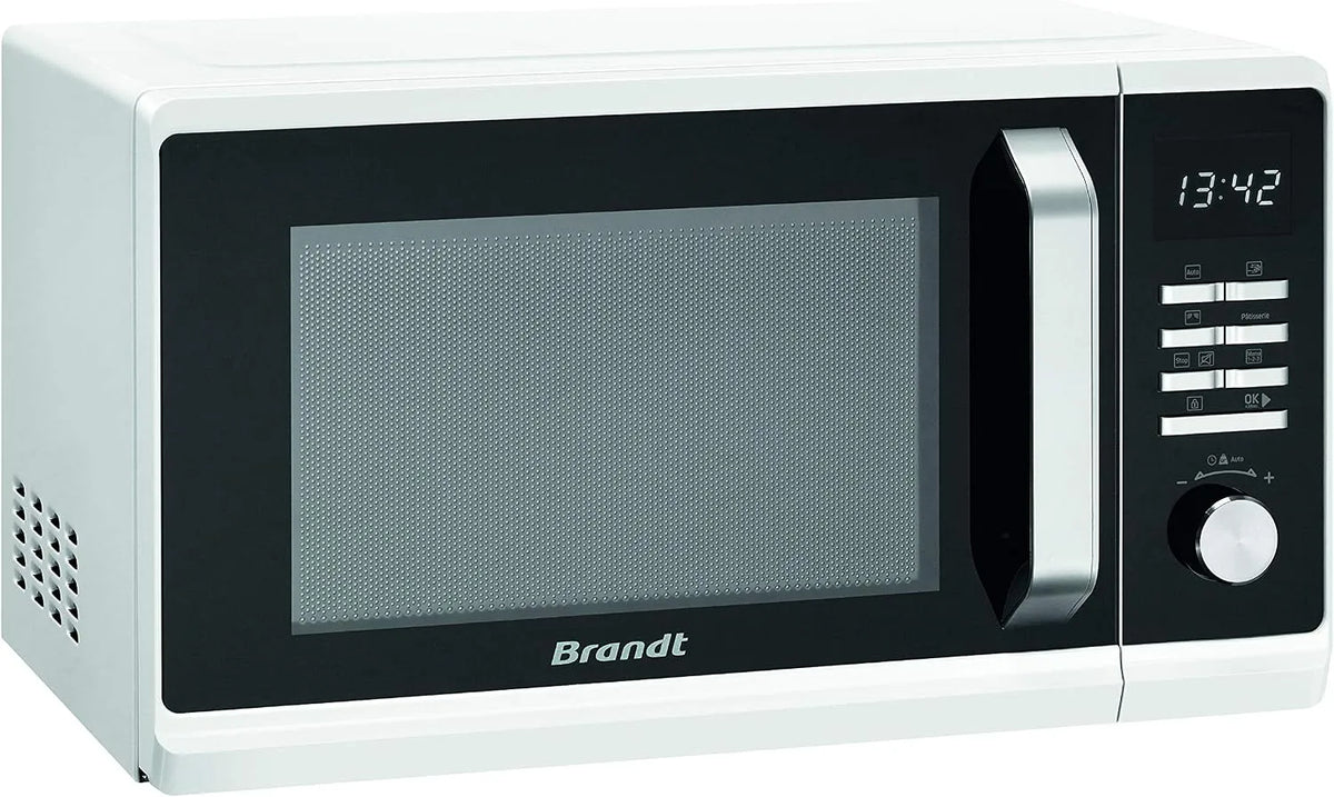 Four à micro-ondes SE2302W Brandt, puissance 800 W, Autoprogramme, finition blanche et finition noire, capacité 23 L, Mode Décongélation, Cavité Inox