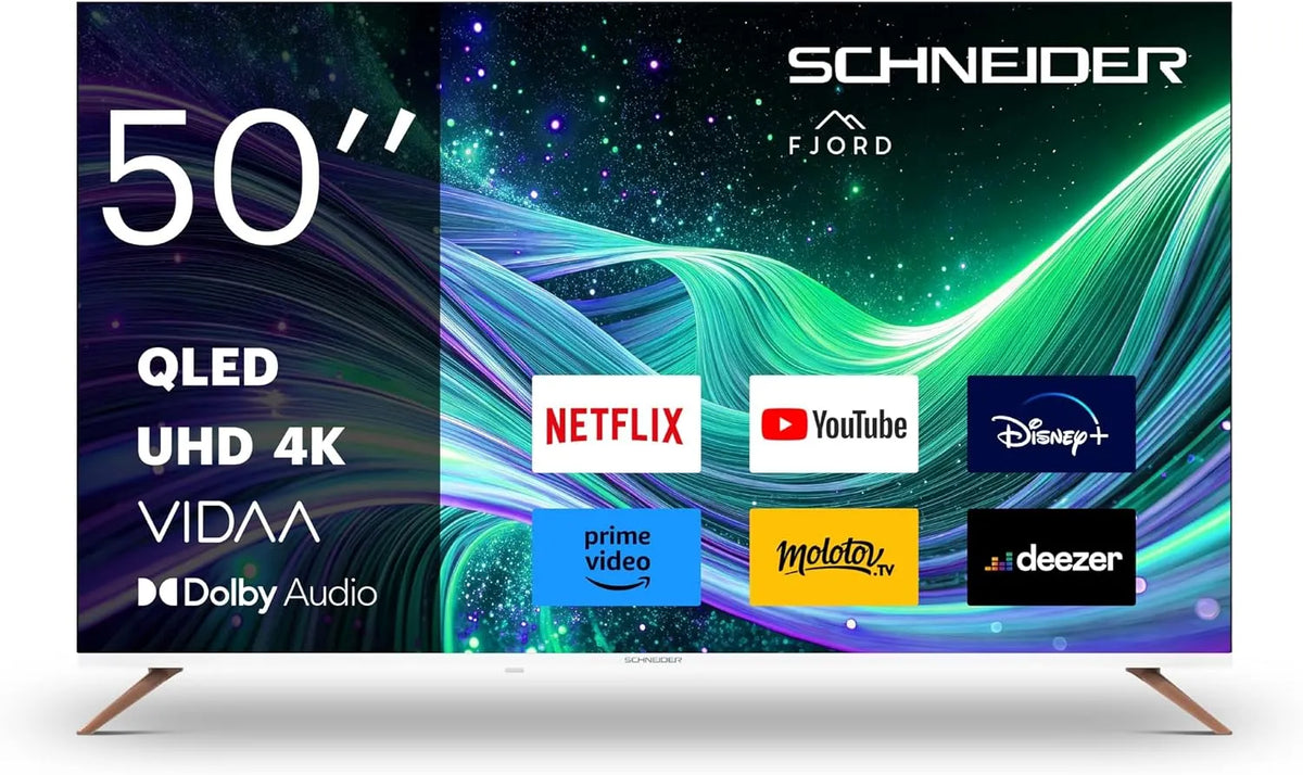 Téléviseur GMS50F1 UHD 50 3840 Schneider, largeur 127cm, * 2160 pix UHD, HMDI 2.0x3, Port USBx2, Dolby Audio, Smart Vidaa, QLED ', Fjord, Netflix