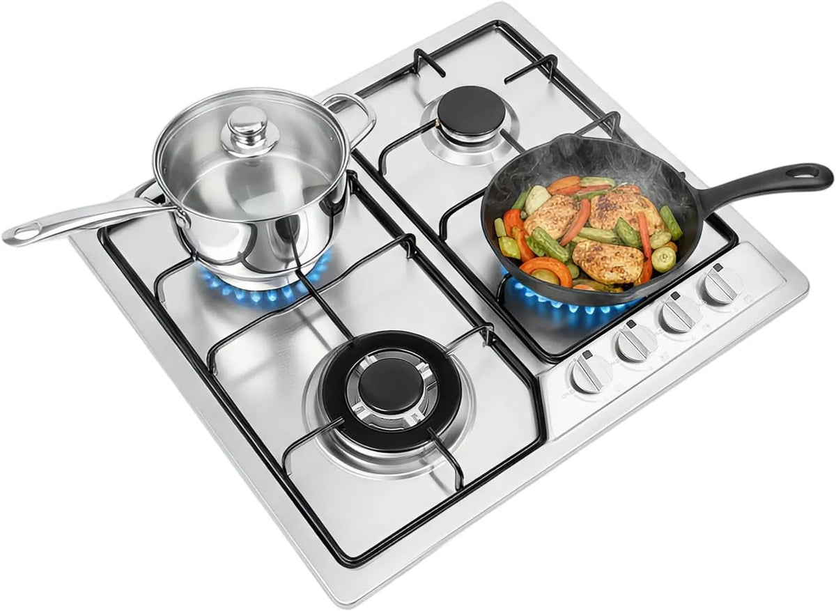 Plaque de cuisson, dimensions 550 x 470 mm, cuisinière à gaz encastrable, de cuisson à gaz 4 brûleurs en acier inoxydable, couleur finition argenté